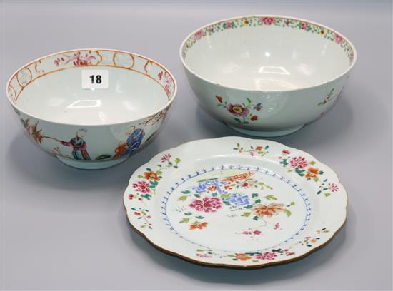 Chinese famille rose Mandarin bowl, another bowl and a plate